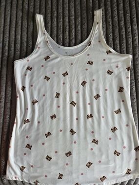No Boundaries White Tank Top with Brown Cat Faces and Pink Dots